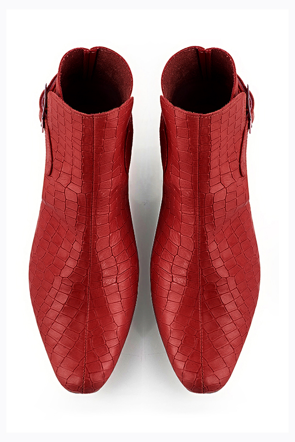 Cardinal red women's ankle boots with buckles at the back. Round toe. Low block heels. Top view - Florence KOOIJMAN
